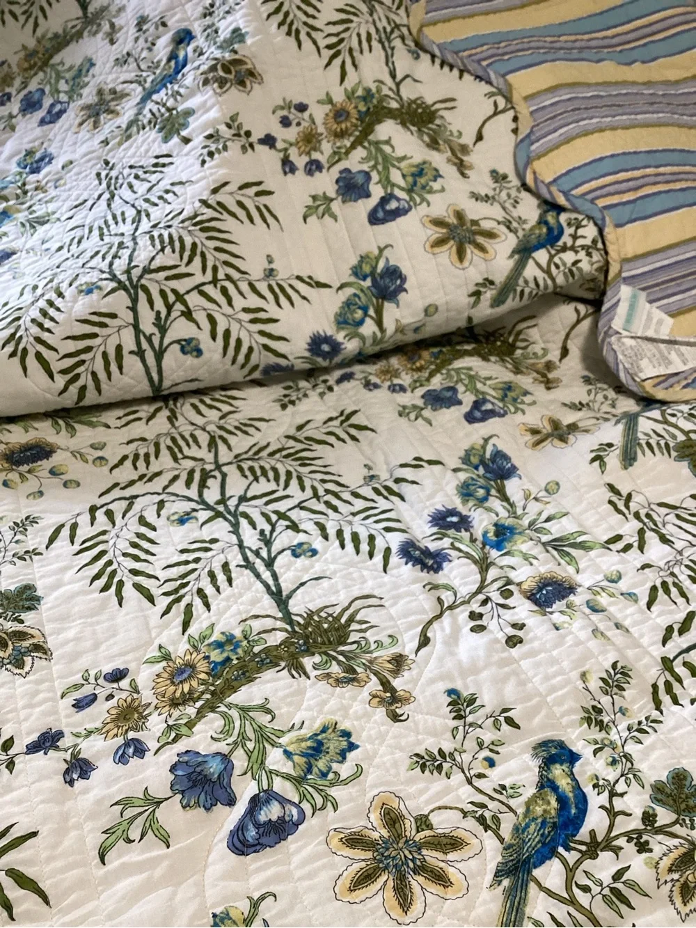 Waverly Blue, Green & Cream Reversible Floral Stripe Quilt